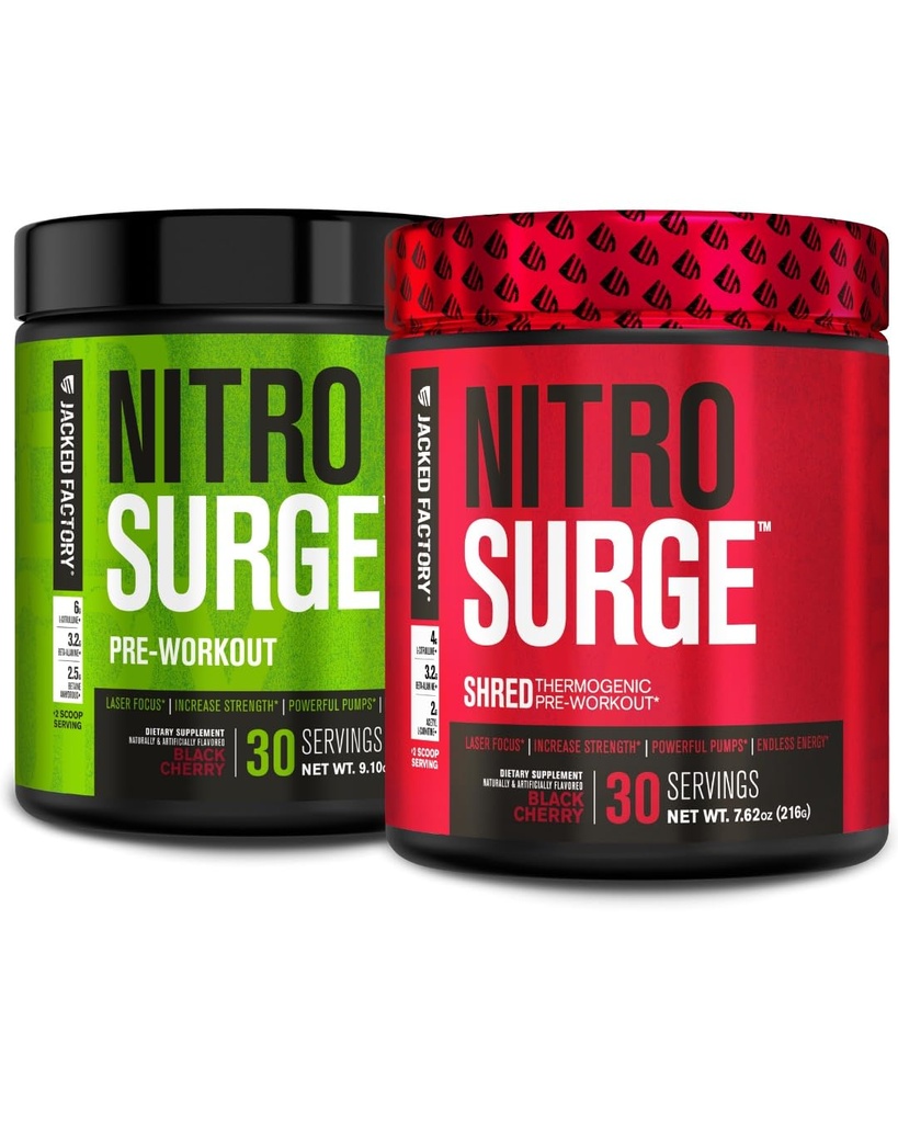 Jacked Factory Nitrosurge PreWorkout in Black Cherry & Black Cherry Nitrosurge Shred Thermogenic PreWorkout für Herren & Frauen