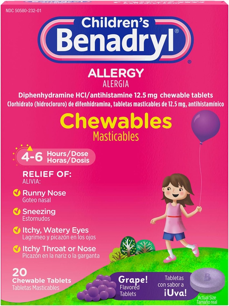 Benadryl Children's Allergy Medicine Chewables with Diphenhydramine HCl, Chewable Kids' Antihistamine Comprimés pour soulager les symptômes d'allergie comme les yeux éternuants et démangeaisons, arômes de raisin, 20 ct