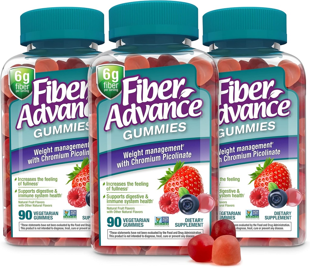 Fiber Advance Weight Management Gummis | 100% pflanzliche Faser für Verdauungs- und Gutgesundheit | Chromium Picolinat für Gewichtsmanagement Unterstützung (3-Pack)