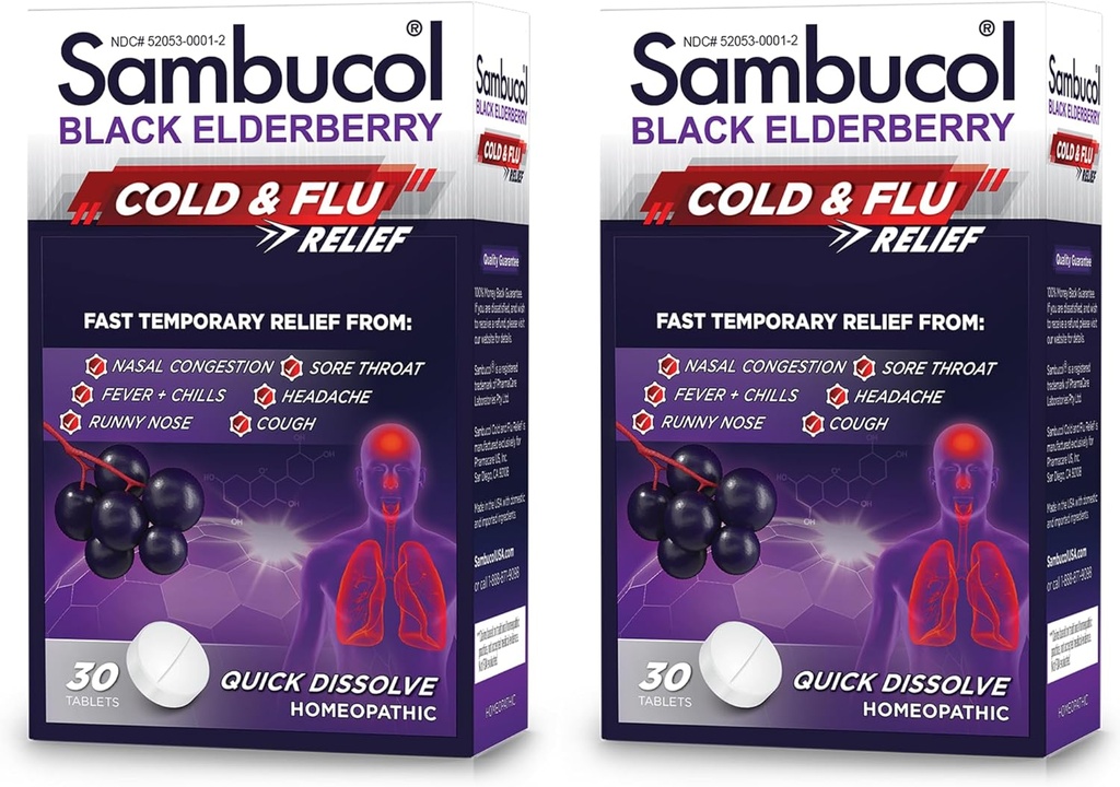 Sambucol Cold and Flu Relief Tablets - Homöopathic Cold Medicine, Nasal & Sinus Congestion Relief, Verwendung für Runny Nose, Coughing, Cold Remedy für Erwachsene - Black Elderberry, 30 Count, 2-Pack