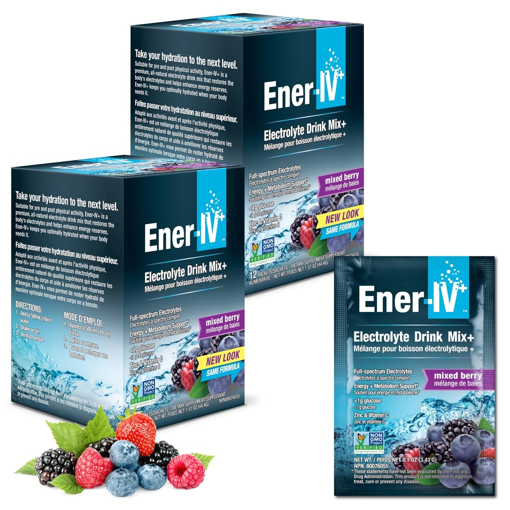 Ener-IV Elektrolyt-Getränk-Mischung - Elektrolyte Pulver-Packets, Hydration Pulver-Getränk, Hydrate flüssige Mischung, Niedrige Zucker-Rehydratation für Damen und Herren - Gemischte Berry, 24 Zähler