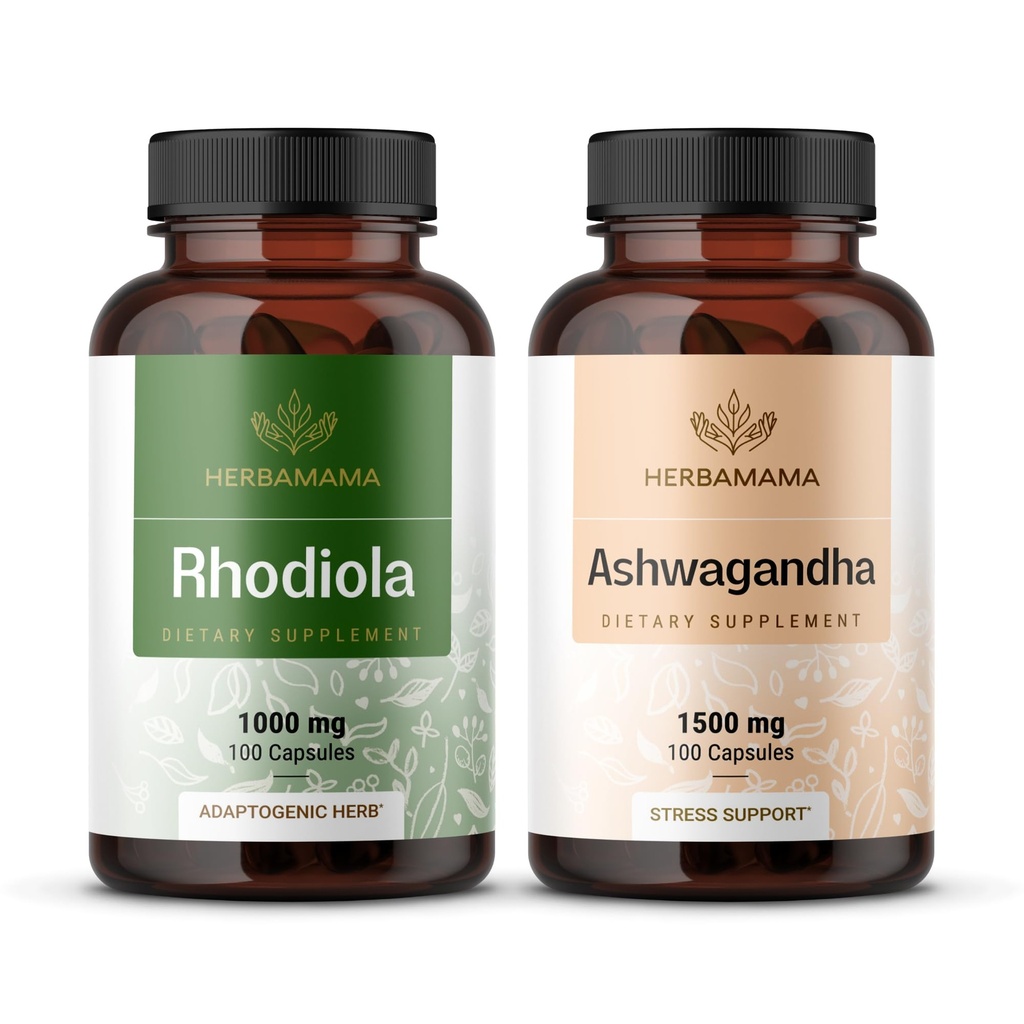HERBAMA Rhodiola Rosea und Ashwagandha Kit - Bundle von 1000 mg Rhodiola Rosea Kapseln &1500 mg Ashwagandha Wurzelkapseln - Vegan, Non-GMO, Gelatin-Free - 2 Pack