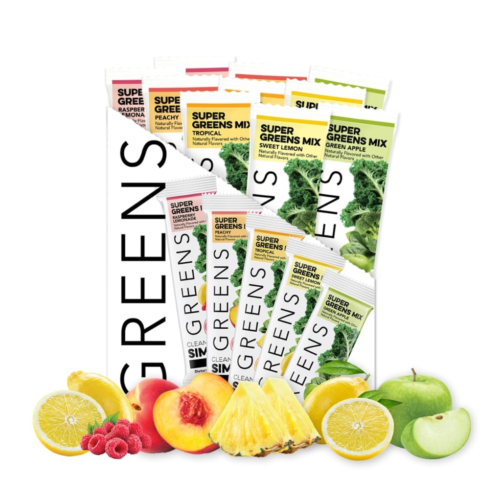 Clean Simple Eats Greens Variety 10 Pack, Greens Powder Mix, verpackt mit Superfoods Chlorella & Spirulina, beinhaltet 5 leckere Aromen: Peachy, Grüner Apfel, Himbeere Limonade, süße Zitronen & Tropical