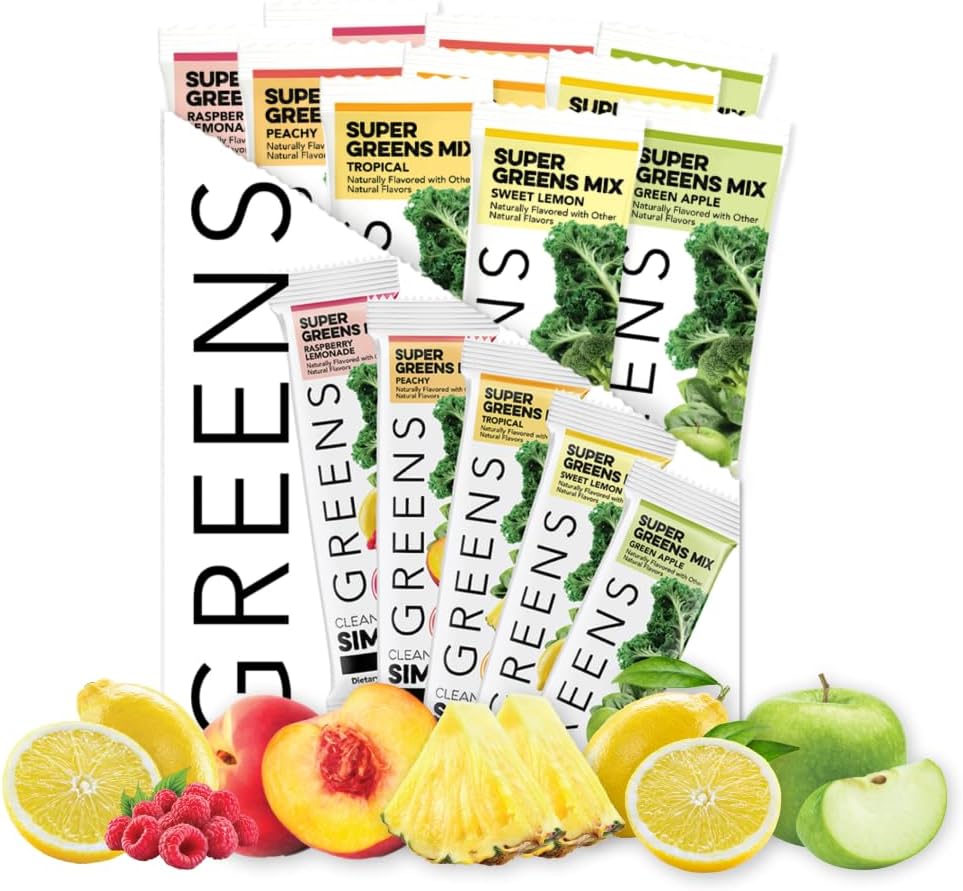 Clean Simple Eats Greens Variety 10 Pack, Greens Powder Mix, verpackt mit Superfoods Chlorella & Spirulina, beinhaltet 5 leckere Aromen: Peachy, Grüner Apfel, Himbeere Limonade, süße Zitronen & Tropical