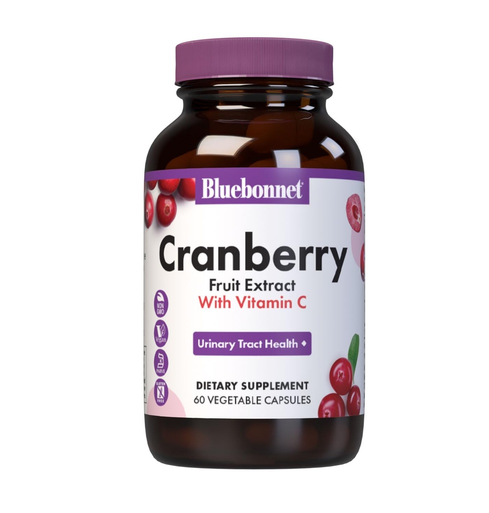 Bluebonnet Nutrition Extrait de fruits de canneberge, soutien au piège urinaire*, non-OGM, certificaté en casher, végétalien, sans gluten, sans soja, sans lait, 60 capsules végétales, 60 portions