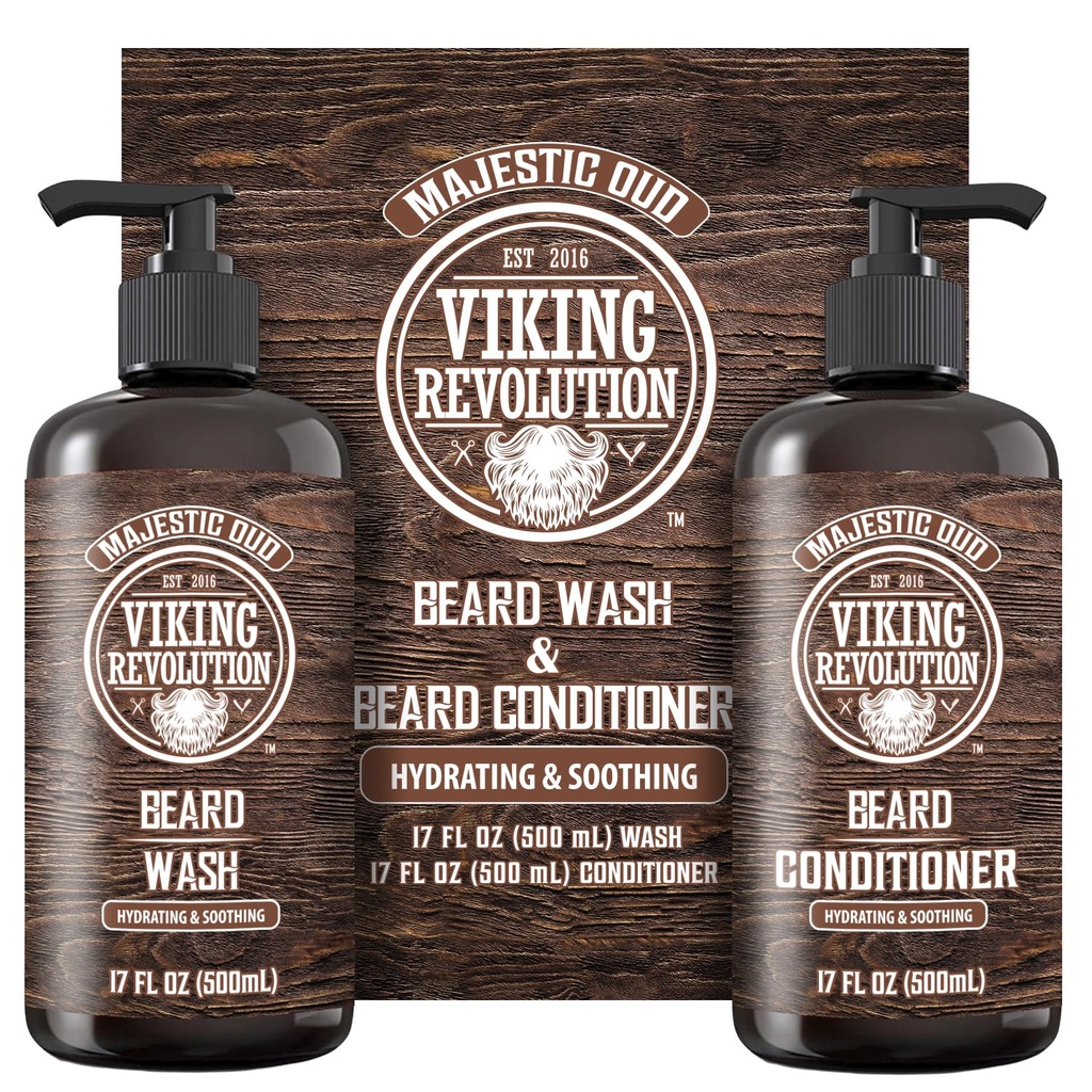 Revolution Viking Laver la barbe et conditioner pour les hommes avec huile d'argan et huile de jojoba - assouplissant et fortifiant soin de la barbe Shampooing et conditioner avec huile de barbe (17oz, Majestic Oud)