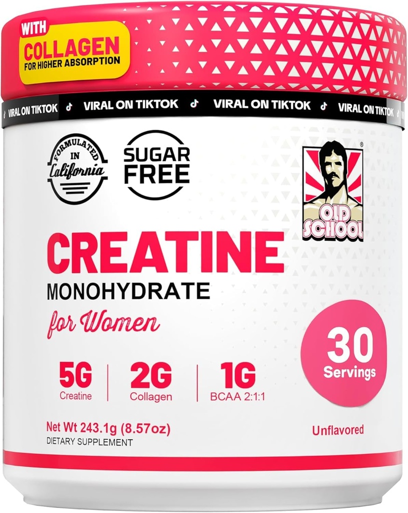 Old School Labs Kreatin für Frauen – Nach-Workout-Ergänzung mit 5000mg Kreatin Monohydrat-Pulver, 2000mg Collagen & BCAA 2:1:1 für Kraftunterstützung & Erholung – Unflavored - 8.57 Unze (Pack von 1)