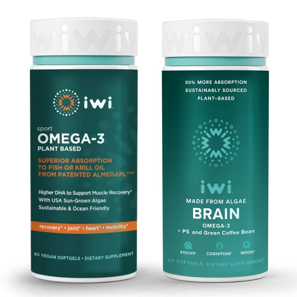 iwi Omega-3 Sport & Brain Omega-3 Bundle, 30 Servierungen, Vegan pflanzenbasierte Algen Omega 3 mit EPA + DHA, Krill & Fisch Öl Alternative, keine Fishy Nachgeschmack
