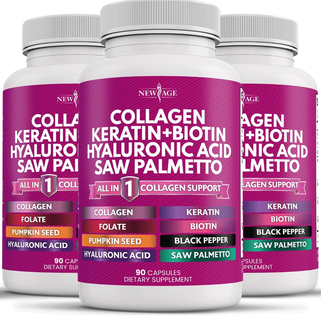NOUVELLE AGE Pilules de collagène Biotine Sciure de kératine Palmetto Acide hyaluronique- Vitamine E Acide folique Semence de citrouille MSM- 270 Compte