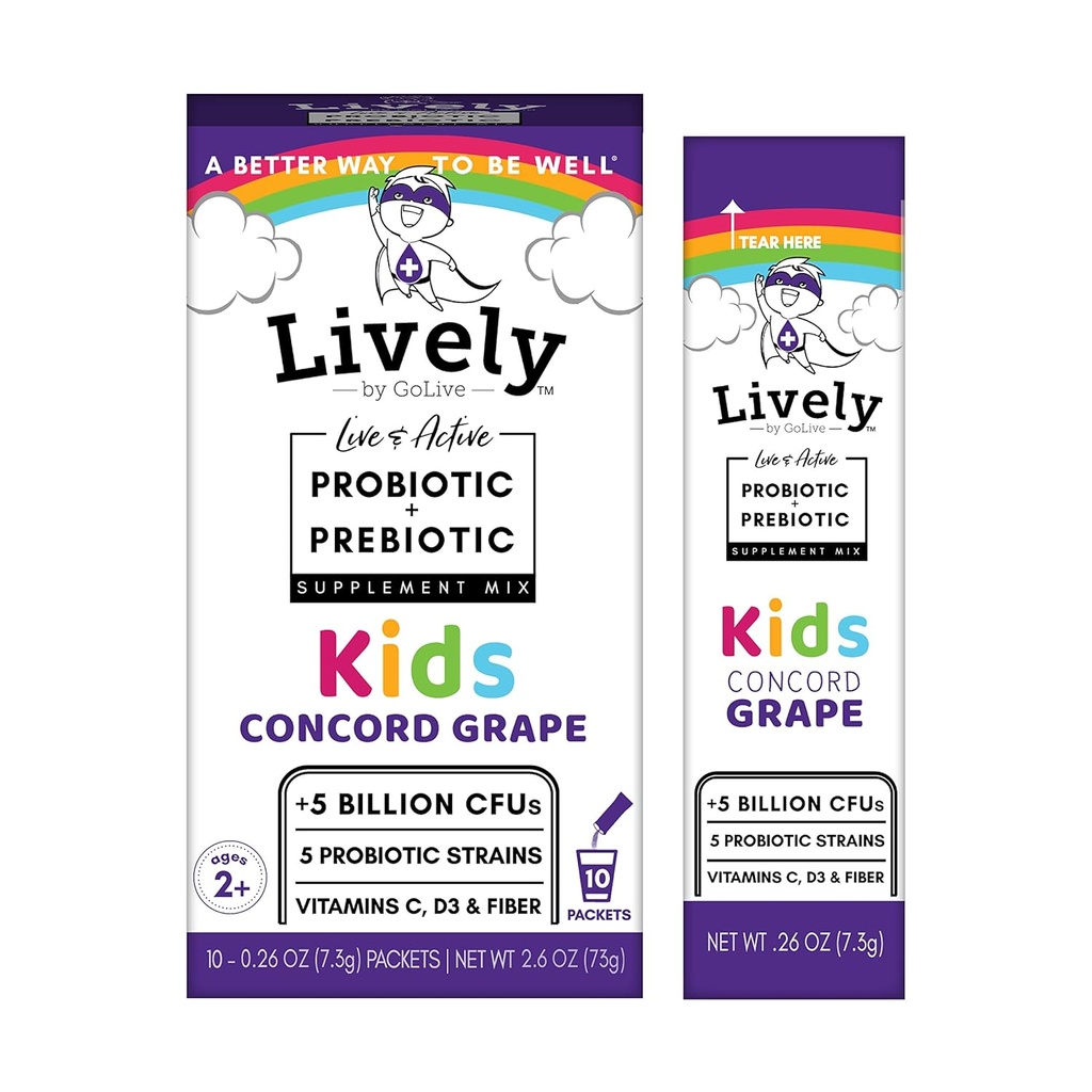 Lebhaft (von GoLive) KIDS CONCORD GRAPE Synbiotic (Probiotics+Prebiotics); 5 Klinische Strains; +5 Billion CFUs. Probiotics & Prebiotics KIDS für Verdauung, Stoffwechsel, Immunität. (10 Packs)