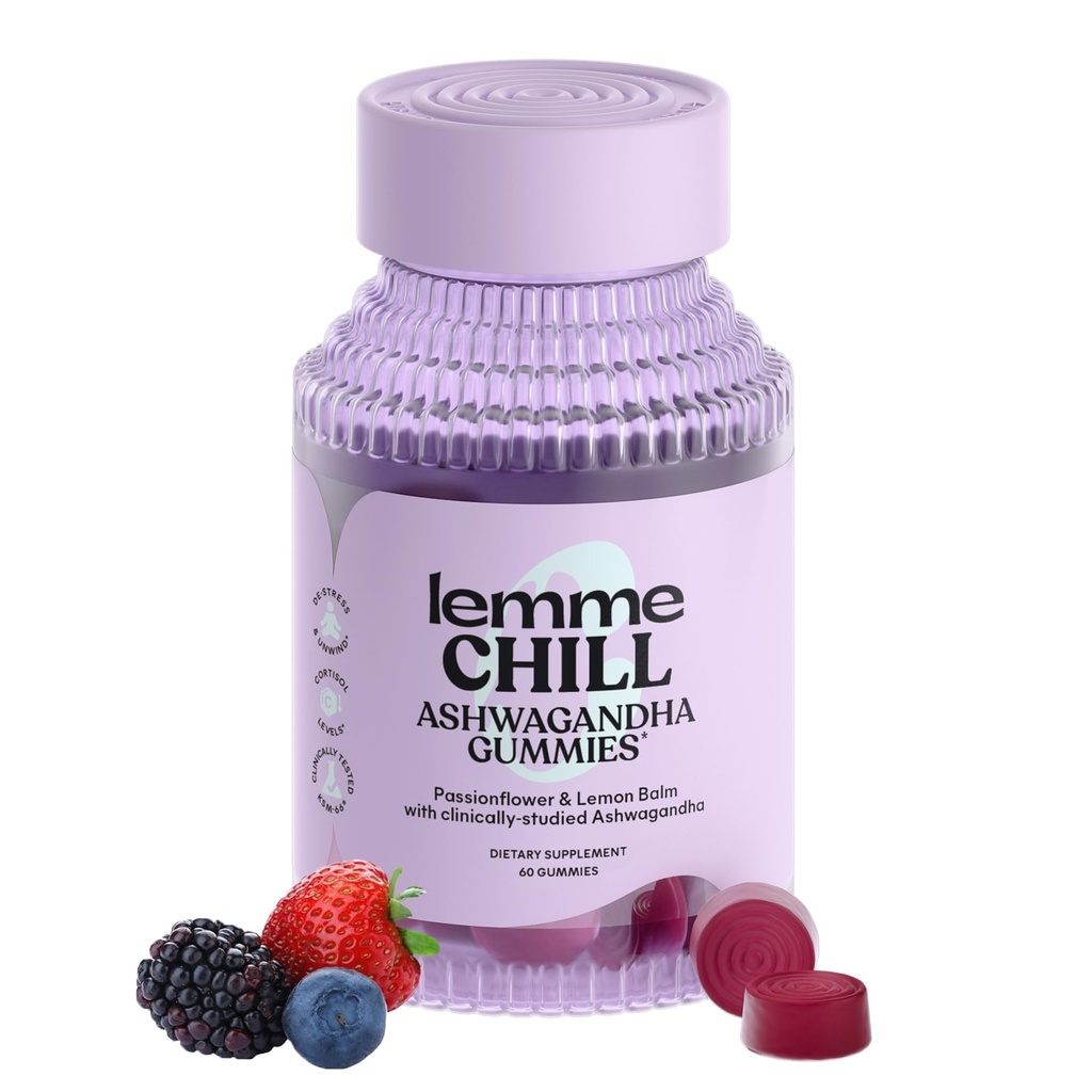 Lemme Chill Stress Relief Gummies avec 300mg KSM-66 Ashwagandha, Lemon Baume, Passionflower & Goji pour soutenir la relaxation, le cortisol sain et le sommeil - sans gluten, sans OGM, baie mixte (60 comte)