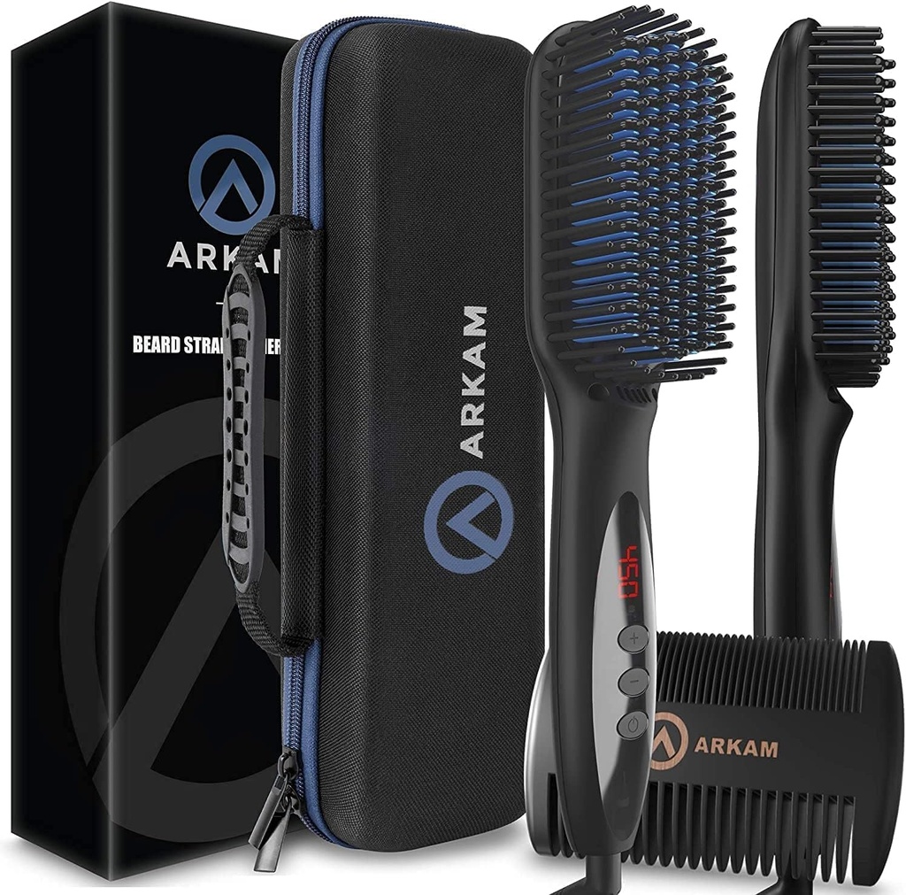 Brosse à barbe arkam pour hommes - Kit de brosse à barbe chauffante avec caractéristique anti-calcaire, Peigne à cheveux double action et étui de voyage en coquille dure pour les barbes moyennes à longues - Costumes et cadeaux pour hommes
