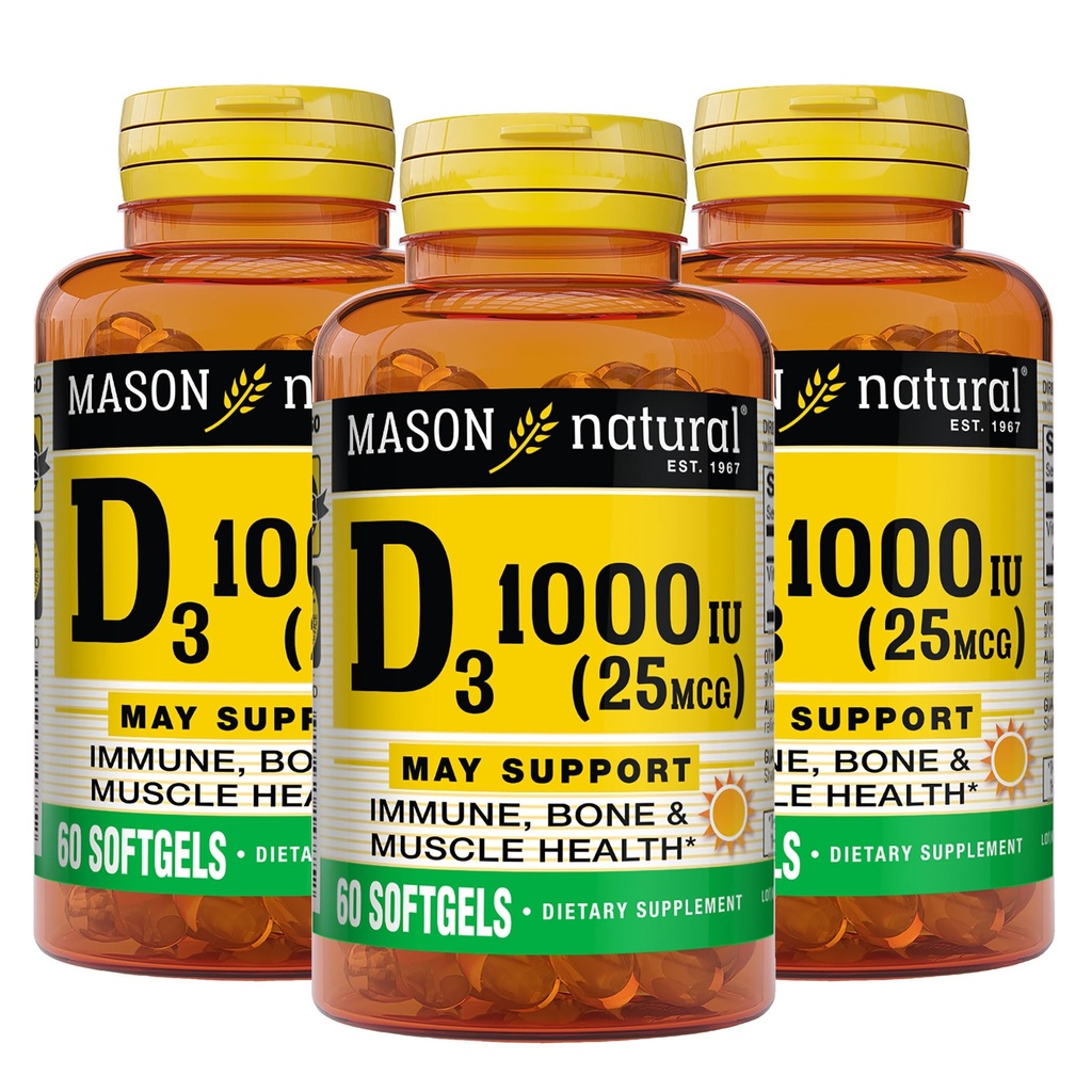 MASON NATURAL Vitamin D3 25 mcg (1000 IU), Knochen- und Immununterstützung, aus Fish Liver Oil, 60 Softgels (Pack mit 3)