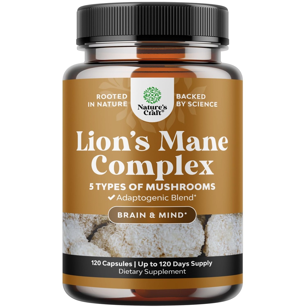 Supplément de champignons Lion's Mane Advanced - Capsules de complément de la Mane Lions avec Reishi, Chaga, Maitake & Shiitake pour la santé cérébrale Soutien et Focus - Nootropic pour la clarté mentale - 120 capsules
