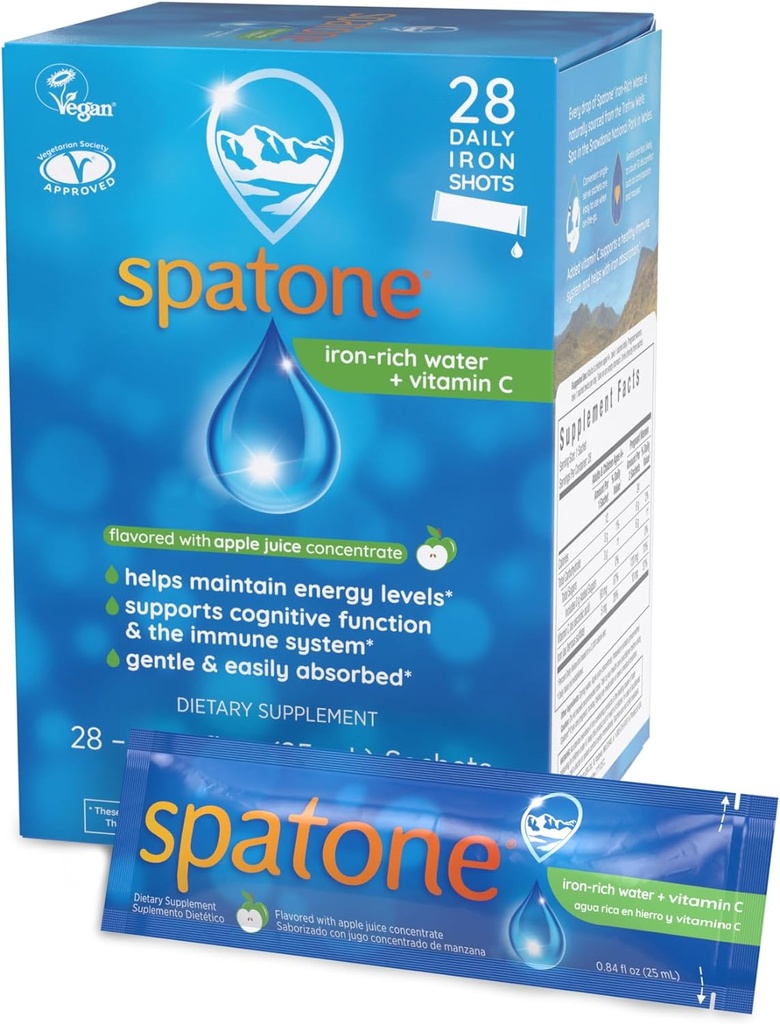 Supplément naturel en fer liquide Plus VIT C pour femmes - Hommes et enfants 4 ans et plus - Idéal pendant la grossesse - Facilement absorbé et doux - Vegan - Saveur de pomme - 28-Jour - 5mg de fer par sachet de 20mL