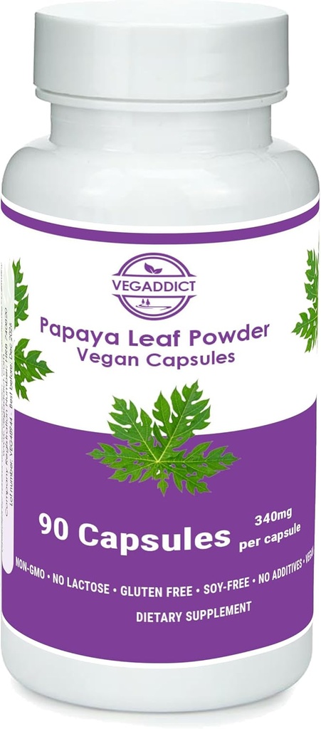 Papaya Blatt Pulver | 340mg Kapseln | ethycally sourced | Platelet Support | Gluten & Lactose Free | Soy-Free | Keine Zusatzstoffe | Non-GMO | Vegan | Nahrungsergänzung | Nahrungsergänzungsmittel | Nahrungsergänzungsmittel (90X)