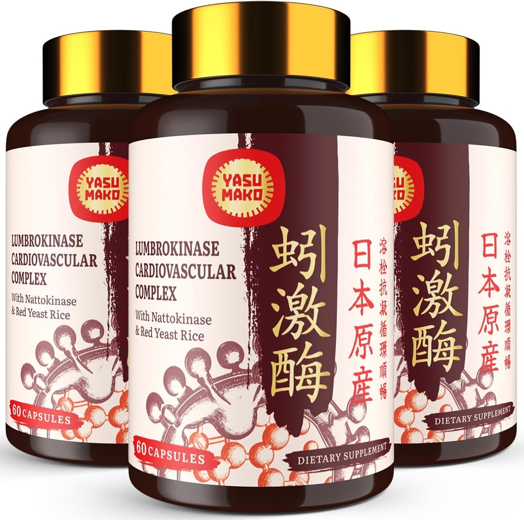 Lumbrokinase 100mg (Max Activity 1.000.000 LKU),Nattokinase 100mg-2.000 FU-Aktivität und Red Yeast Rice 300mg, Lumbrokinase Enzymes Supplement for Circulatory,Cognition,180 Capsules (Pack of 3)