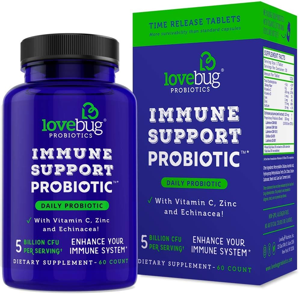 lovebug PROBIOTICS Immununterstützung Täglich Probiotikum für Männer & Frauen, 40 Milliarden CFU & 6 Strains, Inklusive Vitamin C, Zink & Echinacea, 30 Kapseln, Vegan & Non-GMO