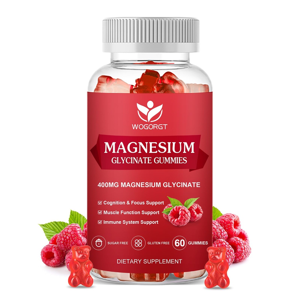 400mg Glycinat de magnésium Gommies avec 200mg de malate de magnésium, vitamine D, B6 et CoQ10, supplément de glycinat de magnésium pour la relaxation et la cognition, sans sucre, saveur de framboise - 60 Gommies