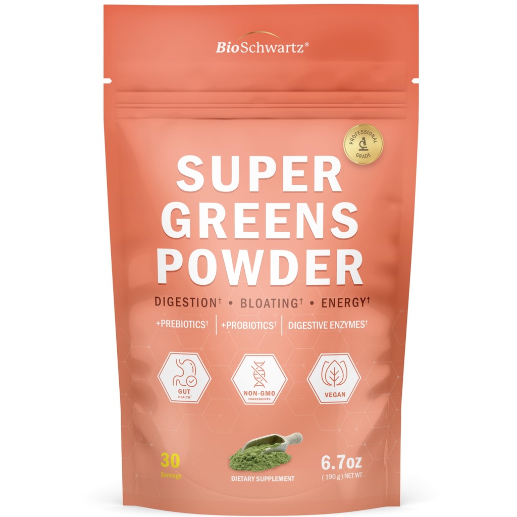 BioSchwartz Verts Poudre Super Verts avec Probiotiques, Prébiotiques, Enzymes Digestifs et 43 Superaliments Verts - Chlorophylle, Bilberry, Chlorella, Spiruline - Goûts incroyables - 30 portions