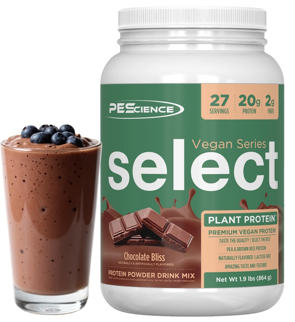 PEScience Select Vegan Protein Powder, Plant Based Protein Powder, Amazing Taste, Glatte Textur, Pea und Brown Rice Blend, Dairy Free, Lactose Free, Glutenfrei - Schokolade Glückseligkeit, 27 Servierungen