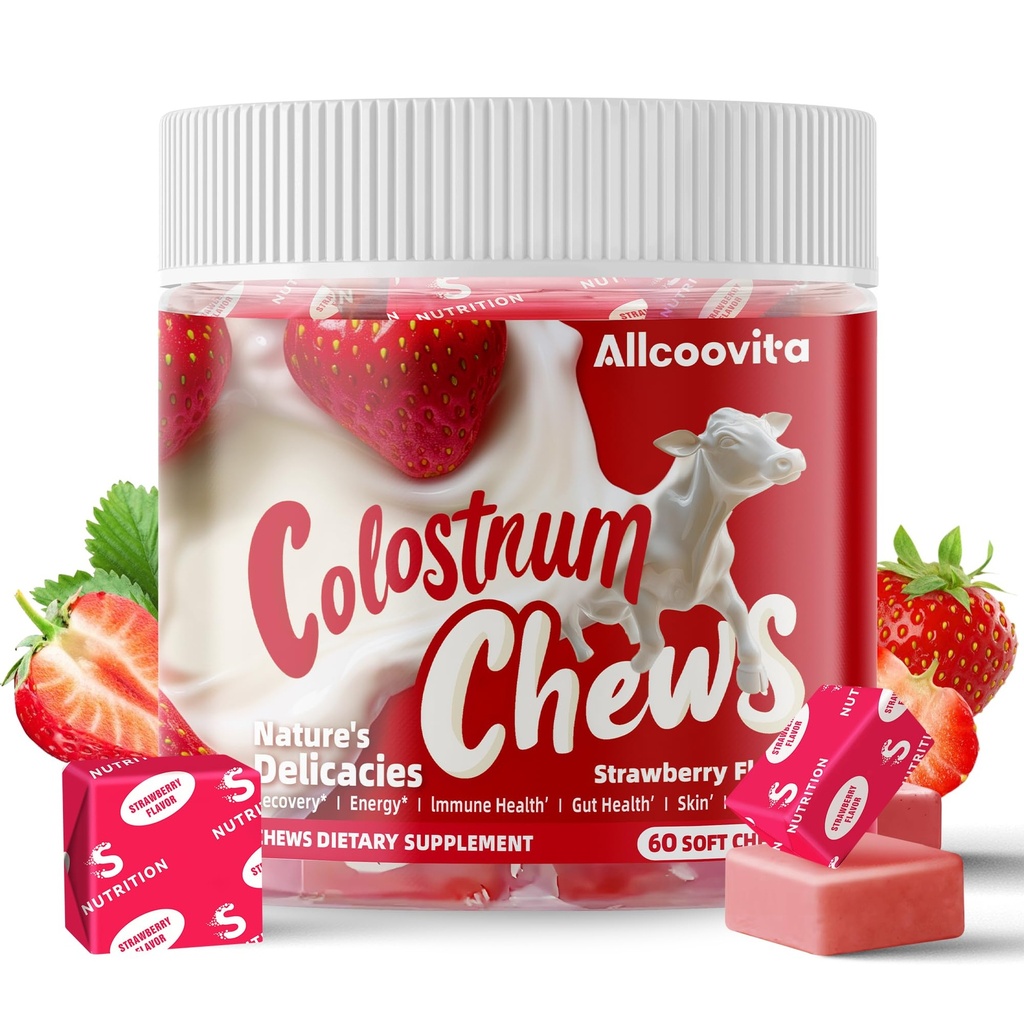 Bovine Colostrum Chews Supplement mit Probiotika für Gut Health, Bloating, Immununterstützung, Haut, Haarwachstum und Schönheit - Erdbeeren Flavor (60 Servietten)