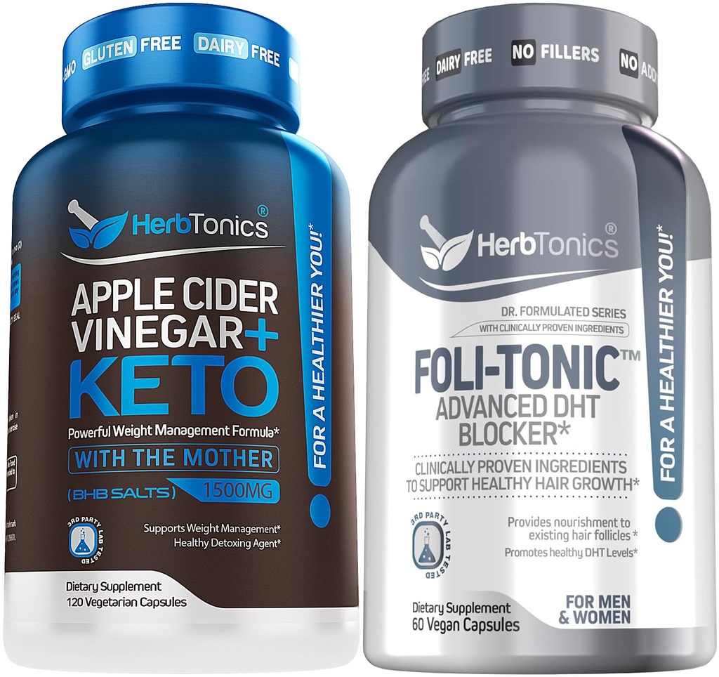 Herbtonics Capsules de vinaigre de cidre de pomme Plus Keto BHB.com Fat Burner & Weight Loss Supplément pour les femmes et les hommes - Foli-Tonic DHT Blocker & Hair Loss Supplément
