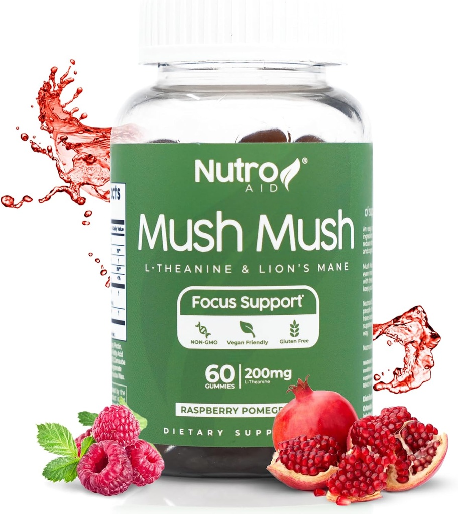 Lions Mane Supplement - Mushroom Gummies - Mush Mush Genius Mushrooms Magic Mind - Promotes Focus with L-Theanine & Lions Mane - Raspberry & Pomegranate Flavor for Perk Energy - 60 Gummies