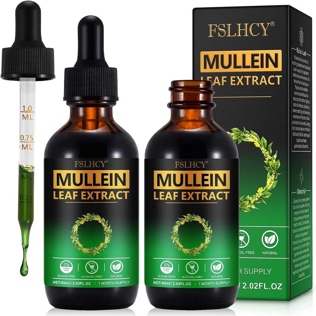 Gouttes de Mullein, Extrait de feuille de Mullein, Supplément biologique de teinture de feuille de Mullein, Pas d'additifs Gouttes de Mullein Extrait 2 fl Oz, 2 boîtes