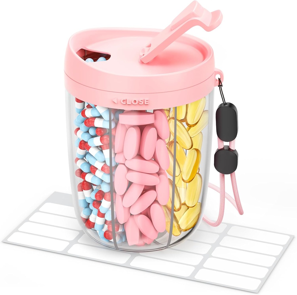 Große Pillenspender mit 6 Komponenten, Anti-Mix Pillen Flasche Organizer mit breitem Öffnen &amp; einfache Retrieval, Vitamin Organizer für Reisen, BPA-freie Pille Box mit einem Riemen, Pink