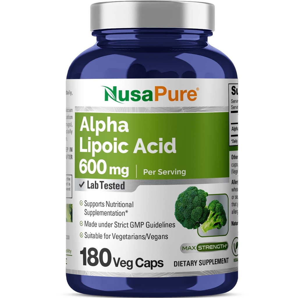 NusaPure Alpha Lipoic Acid 600 mg pro Portion 180 Veggie Kapseln (Vegetarisch, Non-GMO, Vegan)