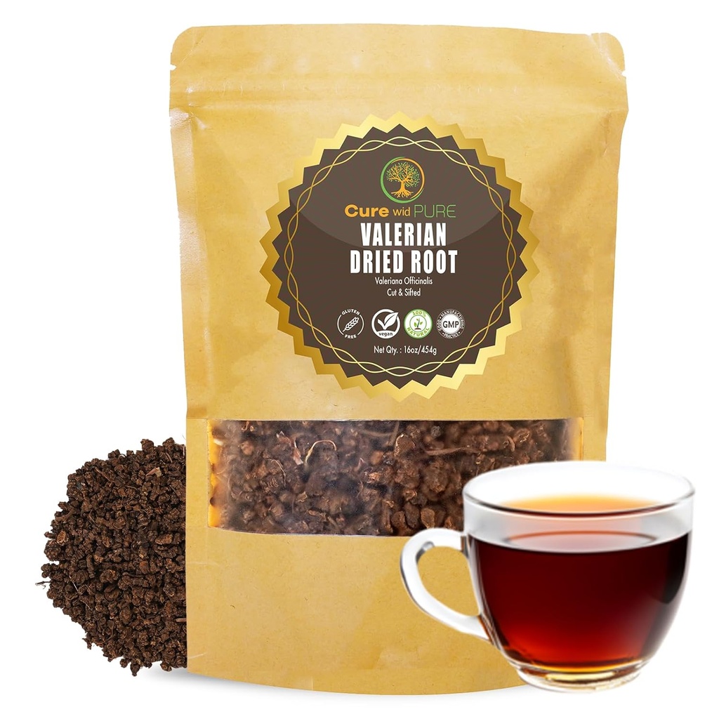 Cure wid Pure Organic Valerian Root Tea - Cut,Sifted & Non-Irradiated Valerian Tea fördert natürliches Relaxing Sleep - Te De Valeriana officinalis in resealable Eco Friendly Pouch 16oz