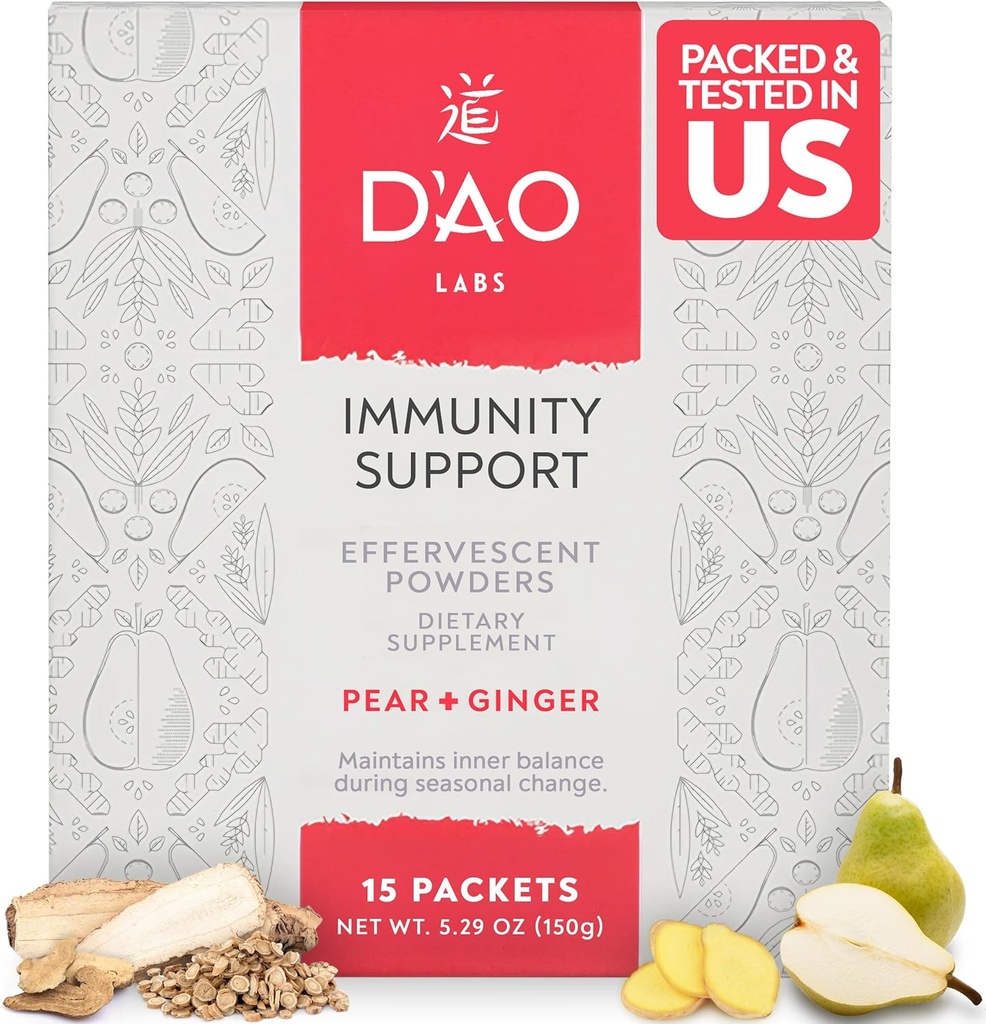D’AO Labs Immununterstützung - Immunität Boost - Effervescent Immun Support Powder - Yu Ping Feng San Traditionelle chinesische Kräuter - Brausepulver mit Pear-Ginger Flavor - 15 Individuelle Servierungen