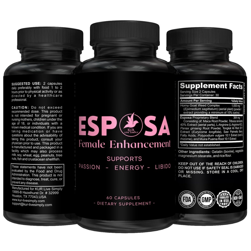 Esposa Female Libido Booster pour les femmes – Reignite Passion, Augmenter l'énergie et la sensibilité, Boost Mood & Desire – Fabriqué aux États-Unis pilules d'amélioration naturelle de la femelle avec herbe de chèvre en chaleur – 60 capsules