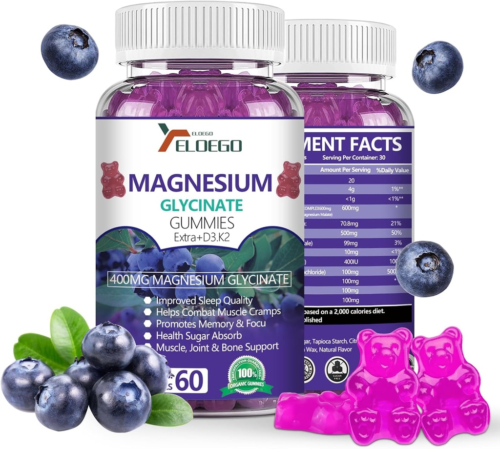 Magnesium-Gummien 600mg pro Servier-Magnesium-Glycinat 400mg und Magnesium Malat 200mg, Extra K2 & D3, hohe Absorption Magnesium-Ergänzung für Schlaf,Stress Relief, Nerve-Unterstützung, Blaubeeren(60 CT)