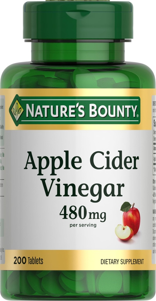 Nature's Bounty Apple Cider Essig 480mg Pillen, Vegetarische Ergänzung Pflanze basiert, 200 Tabletten