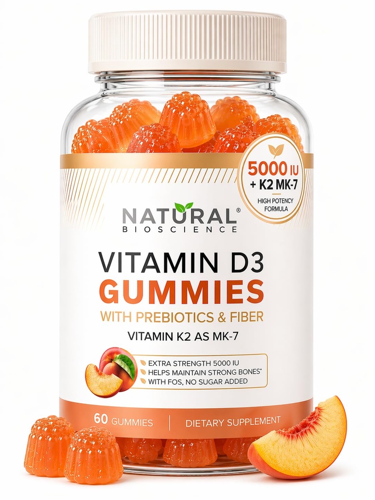 Zuckerfreies Vitamin D3 K2 Gummi - Vitamin D3 Gummie 5000 IU+K2 MK7 80 mcg, K2 D3 Vitamin Supplement Erwachsene, Vitamin D K2 für Knochen, Immune, Herz, Stimmung, Glutenfrei, Non-GMO, natürliche Peach Flavor