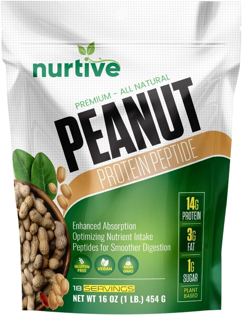 Peanut Protein Peptide Powder - Pflanzenbasiert, reich an Nährstoffen & Fiber - Ideal für Sportler & Fitness Enthusiasten - Verbesserte Löslichkeit und Absorption - 18 Servierungen (16 oz / 454 g)