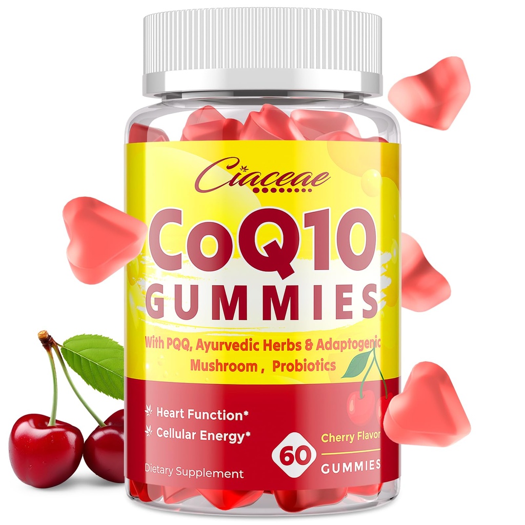 CoQ10 Gummies avec PQQ - 400 MG Coenzyme Q10 haute puissance, amélioré avec des herbes ayurvédiques, mélange de champignons adaptogènes et probiotiques pour le cœur, le cerveau, l'énergie, l'immunité, le parfum de cerise, 60 Gummies végétaliennes