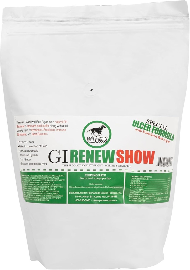 Pennwoods GI Renew Show, Probiotiques pour la stimulation de l'équine, de l'Immune et de l'appétit, prébiotiques, enzymes digestives.