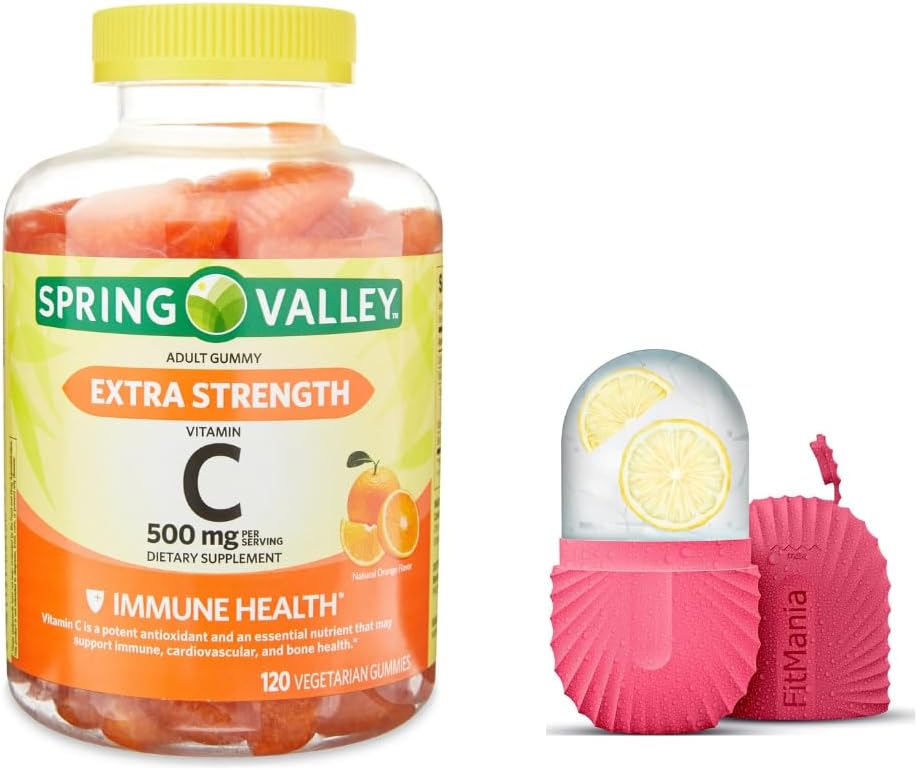 Spring Valley Extra Strength Vitamin C Nahrungsergänzung Vegetarische Gummi, Orange, 500 mg, 120 Ct und Geschenke Eiswalze für Gesicht