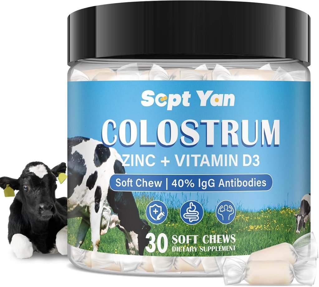 Colostrum Soft Chew Supplement (3000mg + 40% IgG), Konzentrat Bovine Colostrum Superfood Plus Vitamin D3 & Zink für Gut Gesundheit, Immununterstützung, Muskel Erholung & Wellness, Gras Fed, 30 Chews