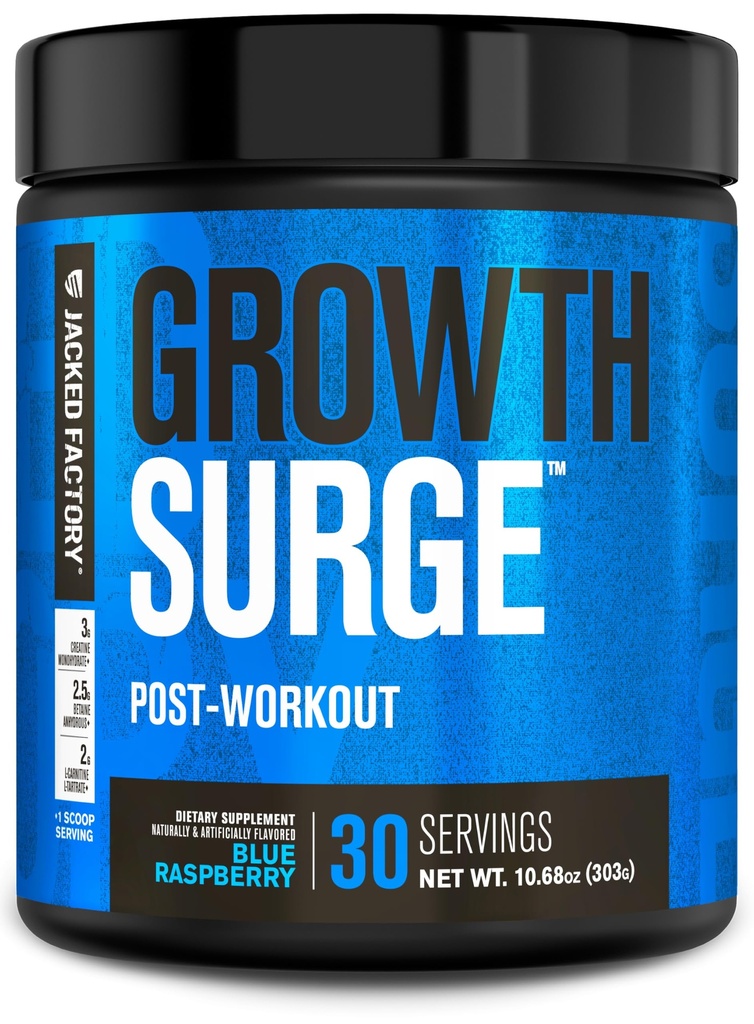 Jacked Factory Growth Surge Creatine Post Workout w/L-Carnitin - Tägliche Muskelaufbau und Erholungsergänzung mit Kreatin Monohydrat, Betaine, L-Carnitin L-Tartrate - 30 Servietten, Blau Himbeer