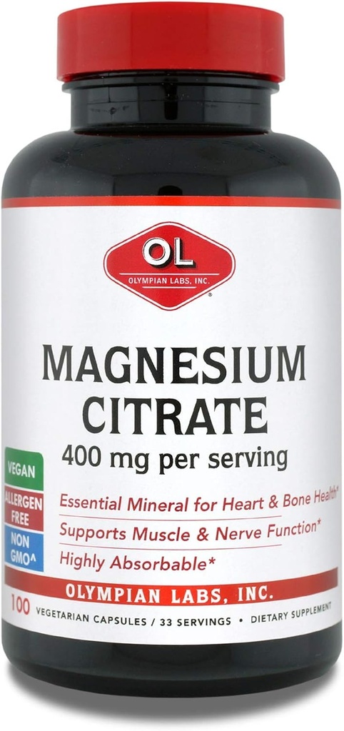 Olympian Labs Magnesium Citrat, 400mg 33 Servierungen, Unterstützt gesundes Nervensystem, Muskel & Knochen, 100 Kapseln