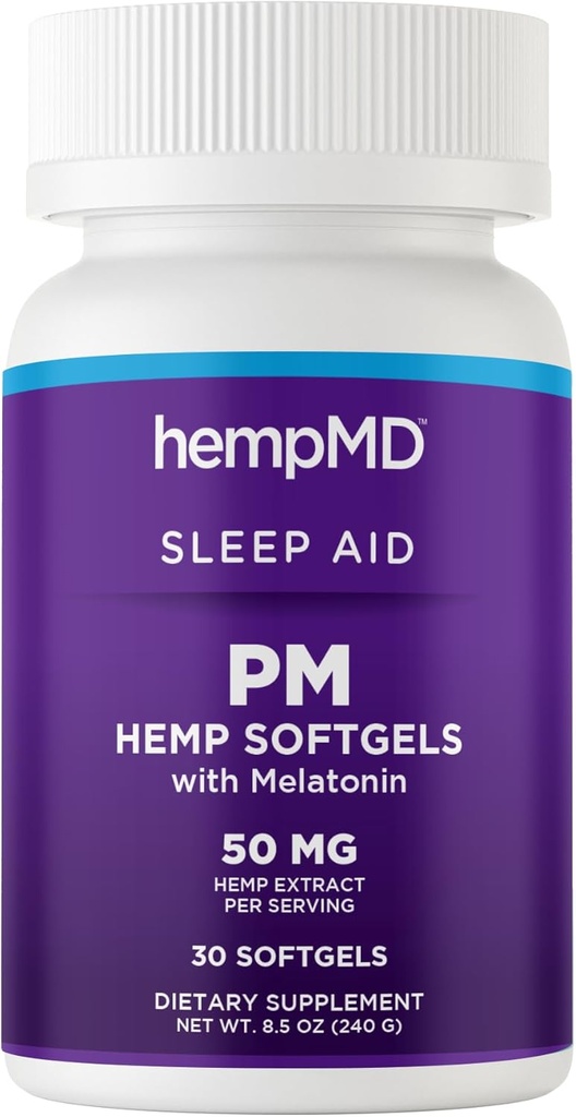 hempMD Hanf Melatonin Schlafhilfe Softgels - 100% natürliches schnell wirkendes Öl - Vegan Non GMO Gluten Free - Verbesserte Formel für tiefen Schlaf mit entspannender Mischung von natürlichen Kräutern