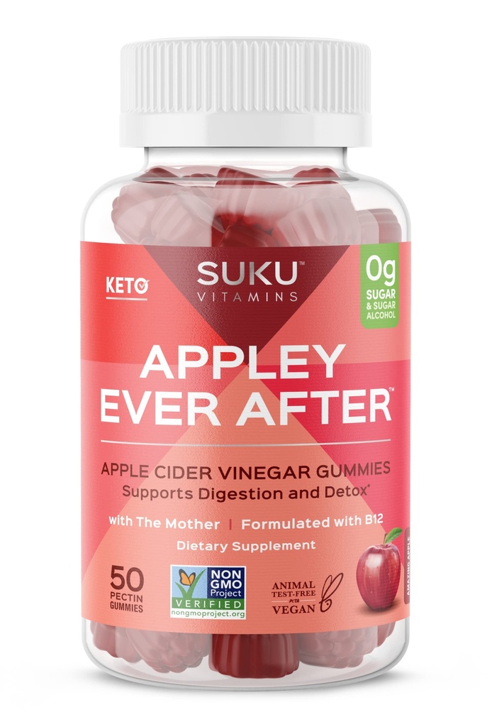 SUKU Appley Ever After Gummies – Apfelessig mit methyliertem B12 & Folate – Sugar-Free, Gluten-Free, Vegan Detox & Energy Support – Amazing Apple Flavor – 50 Count