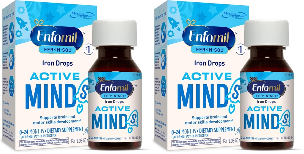 Enfamil Fer-in-Sol gouttes de supplément de fer pour les nourrissons et les tout-petits, soutient le développement du cerveau, bouteille de 50 ml goutte à goutte (paquet de 2)