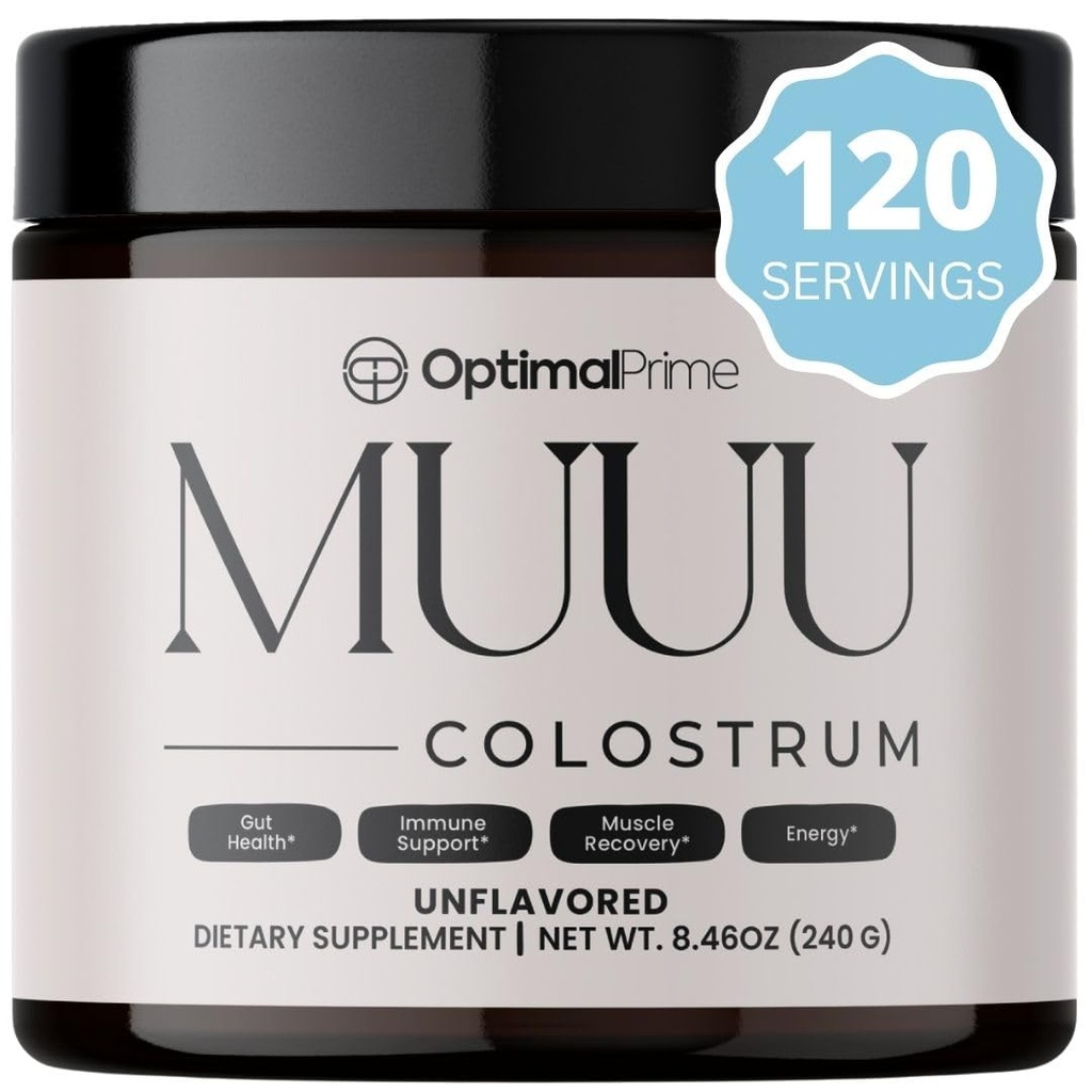 Optimal Prime - MUUU Bovine Colostrum Supplement und Superfood Pulver für Gut Health, Bloating, Immununterstützung, Haar, Haut und Nägel entflammt, 120 Portionen