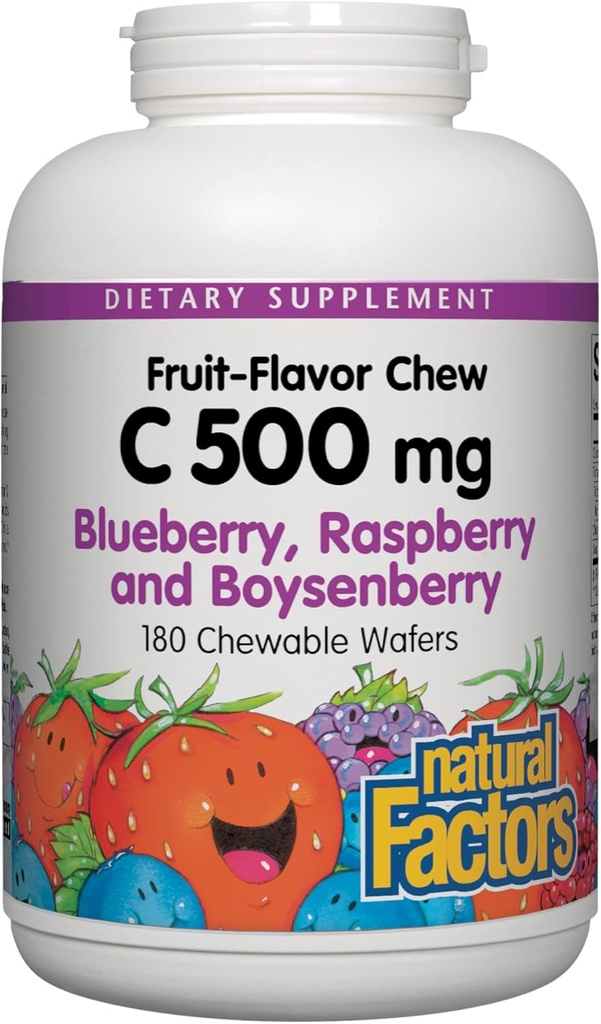 Natürliche Faktoren, Kinder Kaubares Vitamin C 500 mg, unterstützt Immungesundheit, Knochen, Zähne und Gums, Blueberry, Raspberry und Boysenberry, 180 Count (Pack von 1)