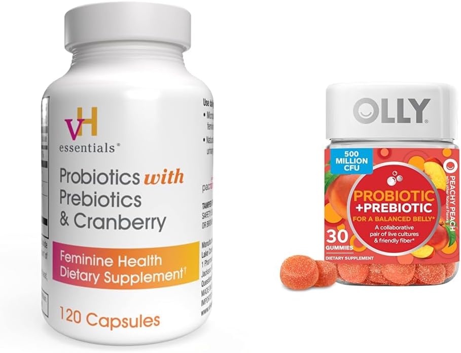 vH essentials Probiotics mit Präbiotika und Cranberry Feminine Health Capsules Bundle mit OLLY Probiotic + Prebiotic Gummy Digestive und Gut Health Kaubare Ergänzung